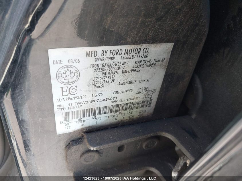 2007 Ford F350 Super Duty VIN: 1FTWW33P07EA86071 Lot: 12423623