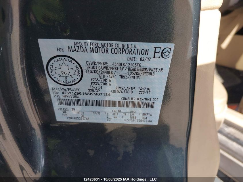 2008 Mazda Tribute S VIN: 4F2CZ96168KM07134 Lot: 12423631