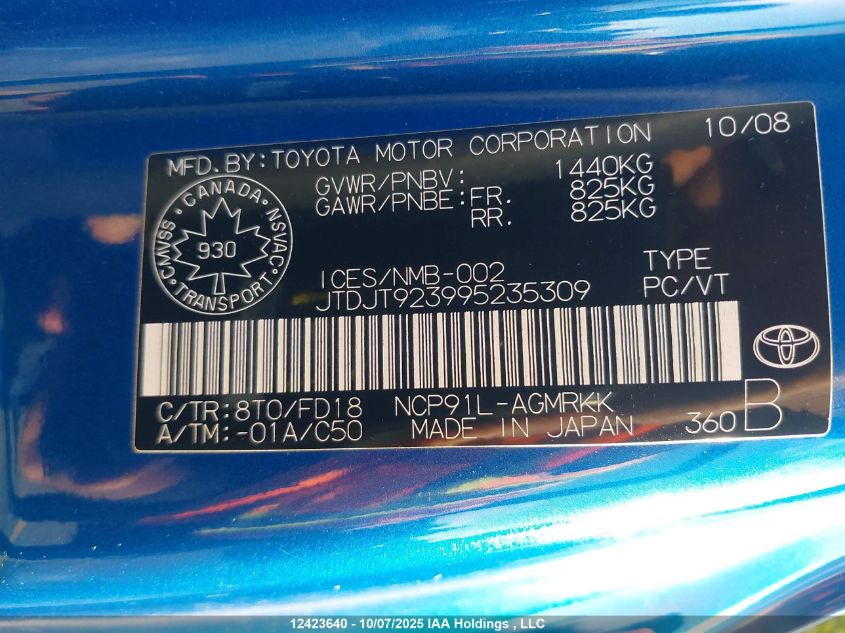 2009 Toyota Yaris Ce/Rs VIN: JTDJT923995235309 Lot: 12423640