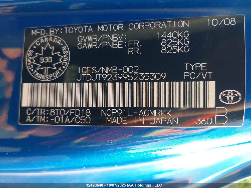 2009 Toyota Yaris Ce/Rs VIN: JTDJT923995235309 Lot: 12423640