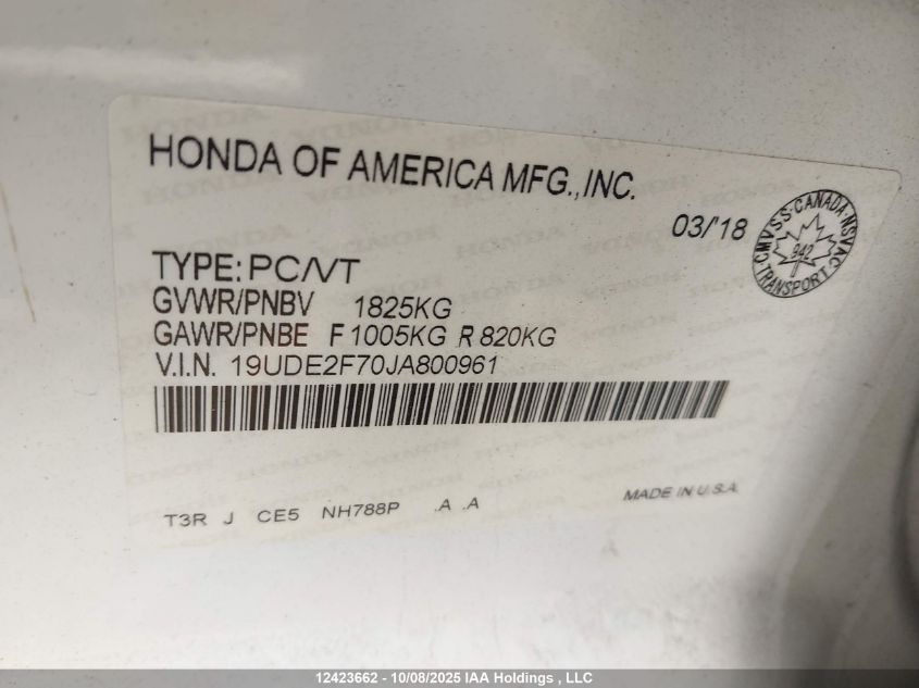 2018 Acura Ilx Premium/Technology VIN: 19UDE2F70JA800961 Lot: 12423662