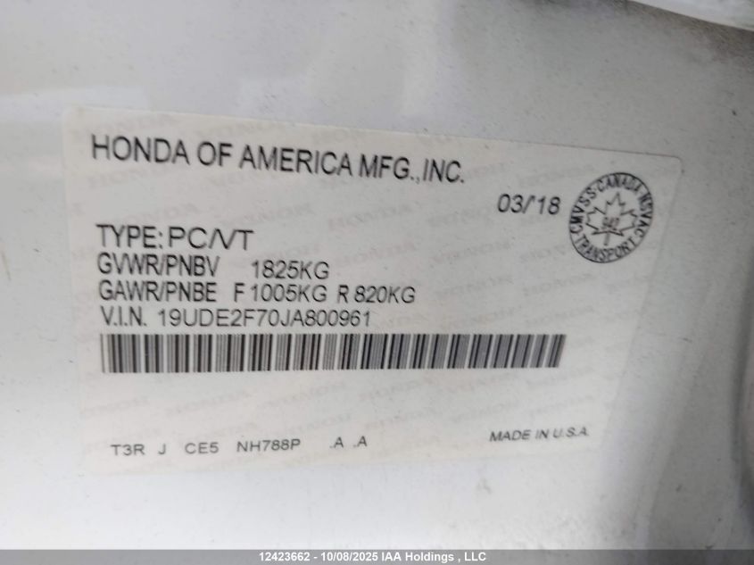 2018 Acura Ilx Premium/Technology VIN: 19UDE2F70JA800961 Lot: 12423662