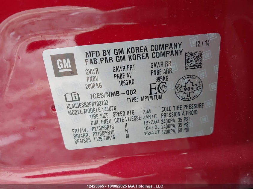 KL4CJESB3FB103703 2015 BUICK ENCORE photo no. 9