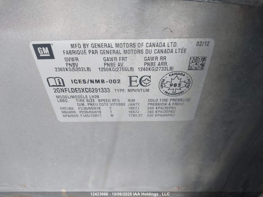 2012 Chevrolet Equinox Lt VIN: 2GNFLDE5XC6291333 Lot: 12423666