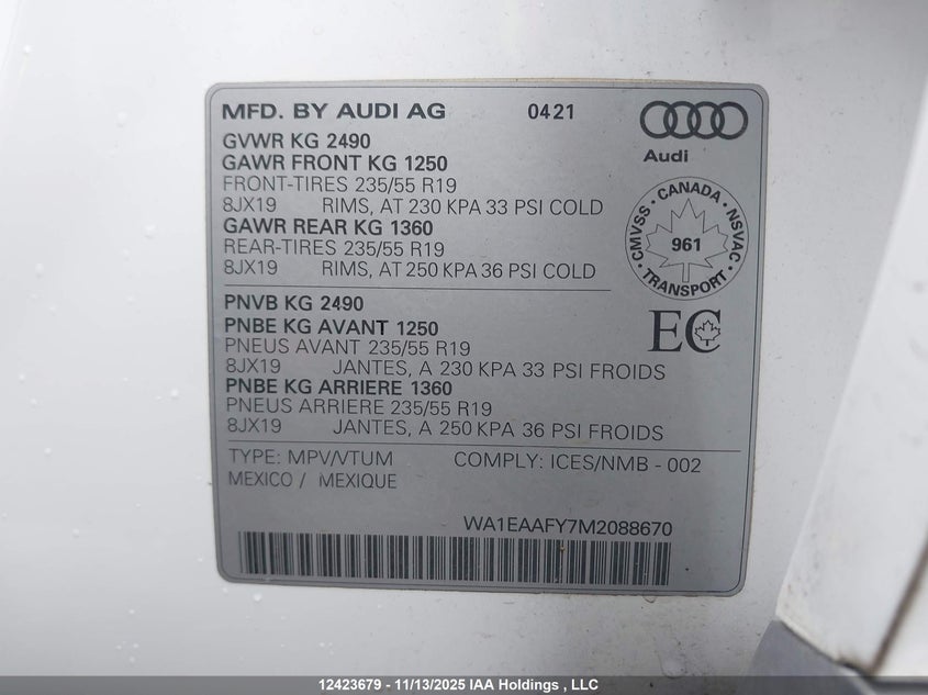 WA1EAAFY7M2088670 2021 AUDI Q5 photo no. 9