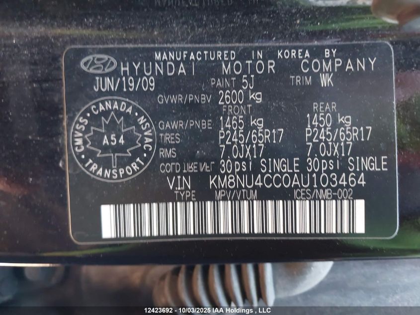 2010 Hyundai Veracruz Gls/Limited VIN: KM8NU4CC0AU103464 Lot: 12423692