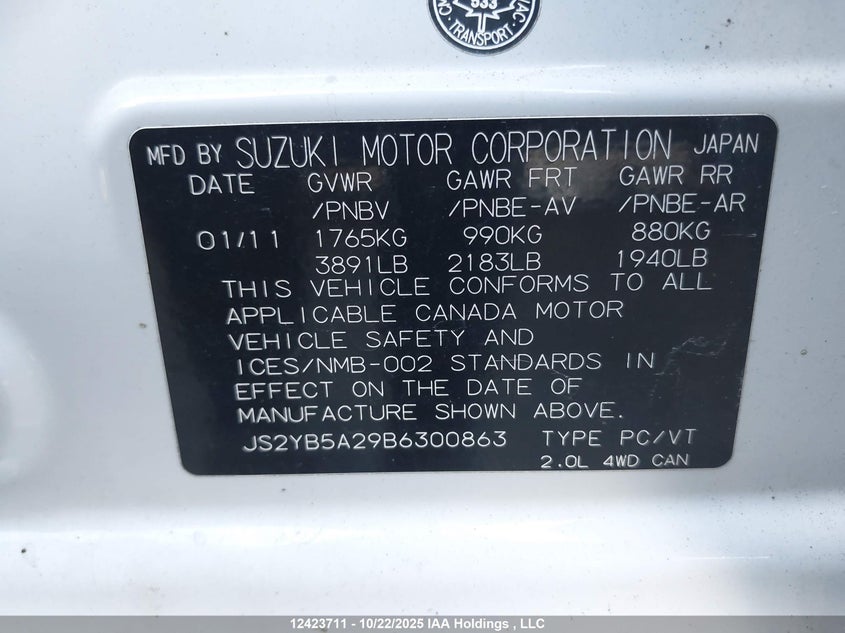 JS2YB5A29B6300863 2011 SUZUKI SX4 photo no. 9