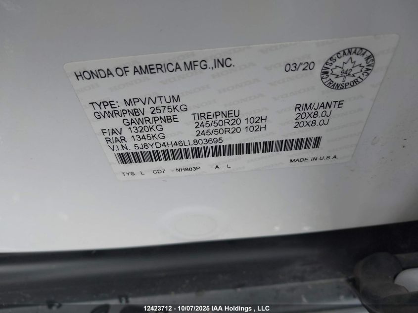 2020 Acura Mdx Technology VIN: 5J8YD4H46LL803695 Lot: 12423712