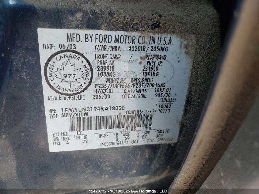 2004 Ford Escape Xlt VIN: 1FMYU93194KA18020 Lot: 12423732