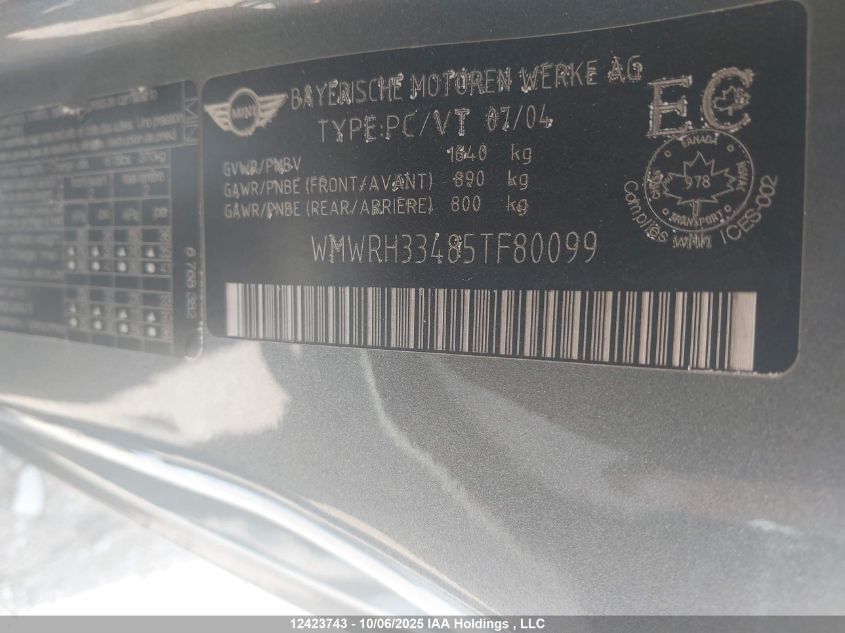2005 Mini Cooper S VIN: WMWRH33485TF80099 Lot: 12423743