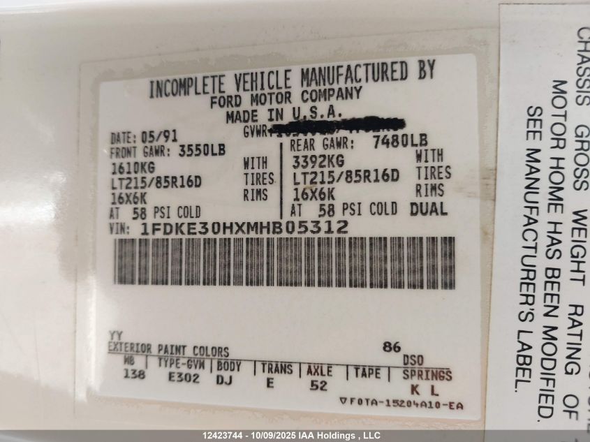 1991 Ford Econoline E350 Cutaway Van VIN: 1FDKE30HXMHB05312 Lot: 12423744