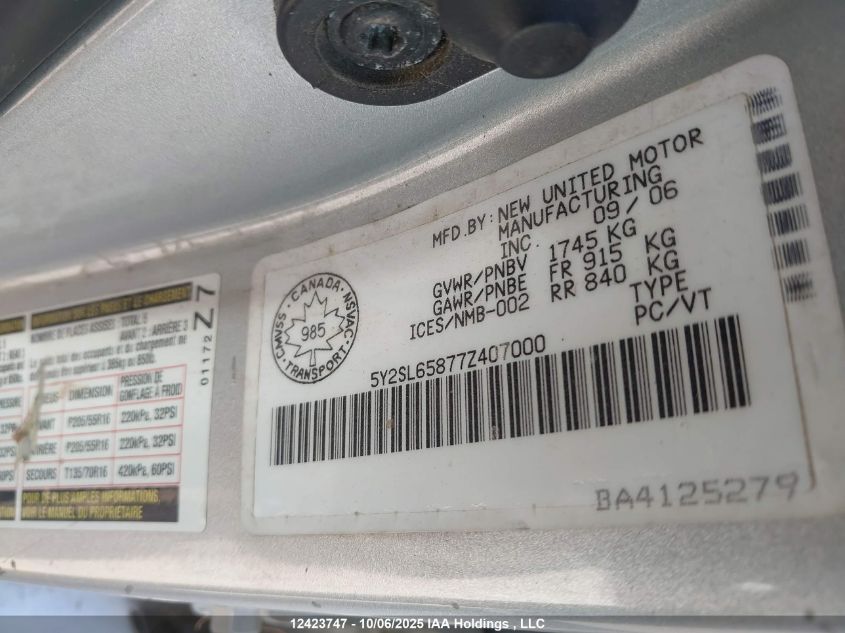 2007 Pontiac Vibe VIN: 5Y2SL65877Z407000 Lot: 12423747