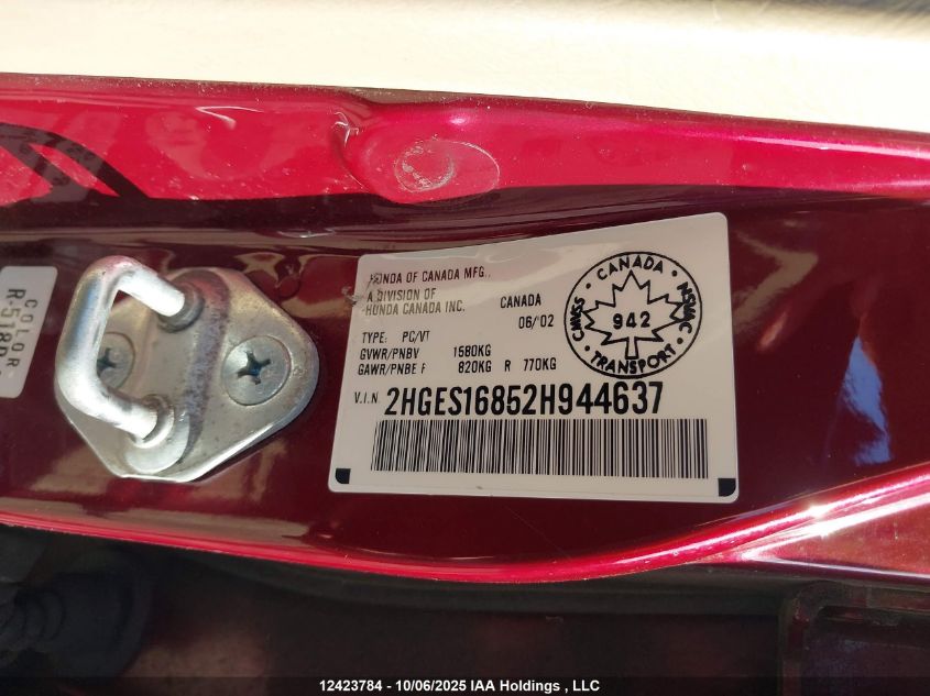 2002 Honda Civic Lx VIN: 2HGES16852H944637 Lot: 12423784