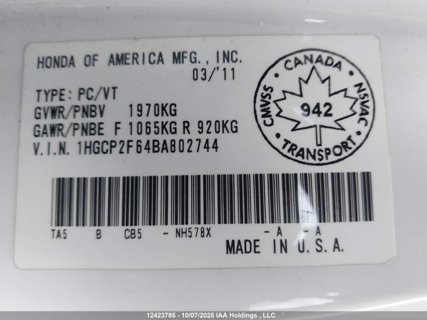 2011 Honda Accord VIN: 1HGCP2F64BA802744 Lot: 12423785
