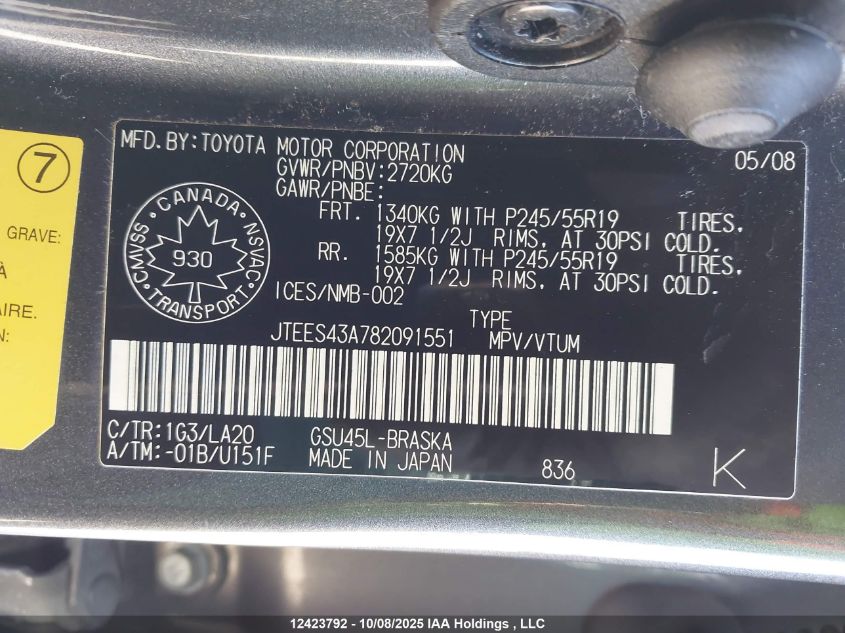 2008 Toyota Highlander Sport VIN: JTEES43A782091551 Lot: 12423792