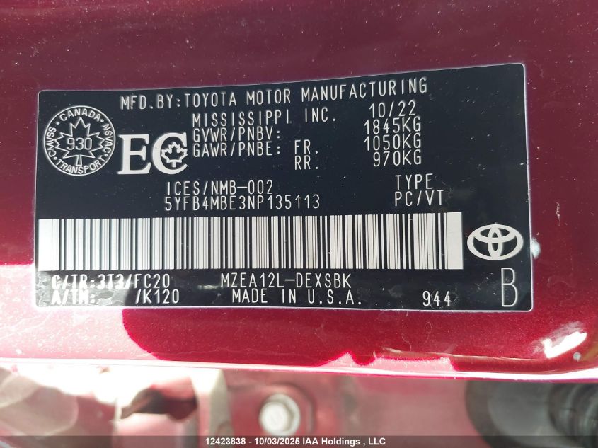 2022 Toyota Corolla Se VIN: 5YFB4MBE3NP135113 Lot: 12423838