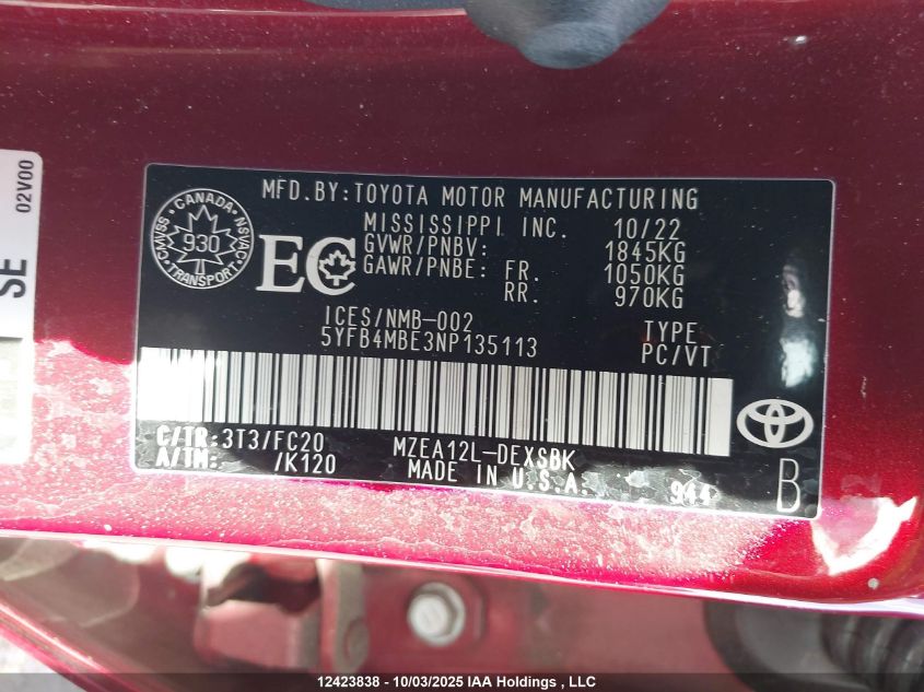 2022 Toyota Corolla Se VIN: 5YFB4MBE3NP135113 Lot: 12423838