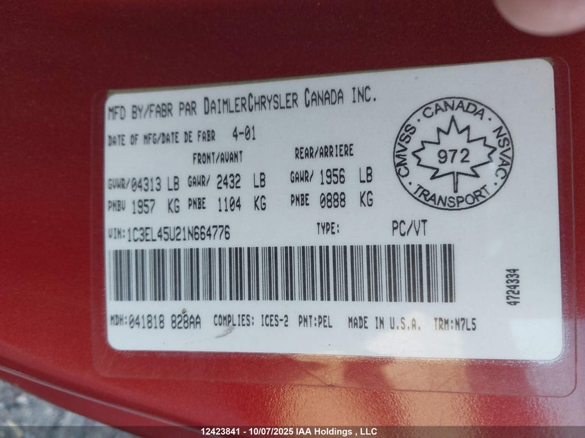 2001 Chrysler Sebring Lx VIN: 1C3EL45U21N664776 Lot: 12423841