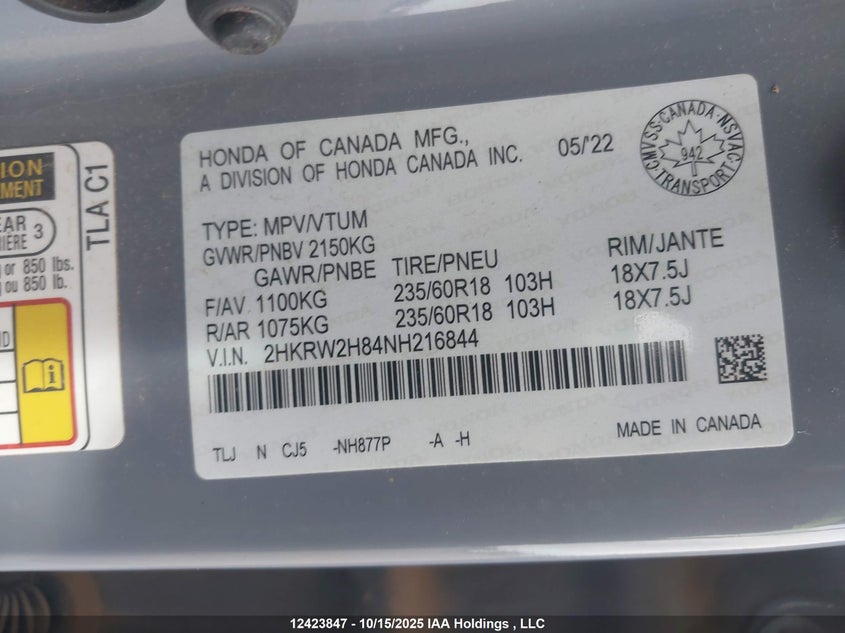 2022 Honda Cr-V Exl VIN: 2HKRW2H84NH216844 Lot: 12423847