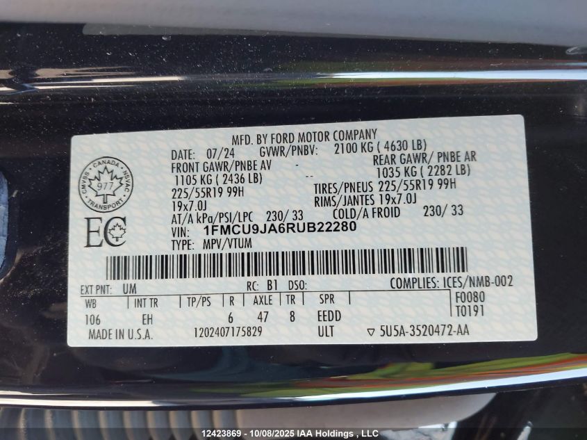 2024 Ford Escape Platinum VIN: 1FMCU9JA6RUB22280 Lot: 12423869