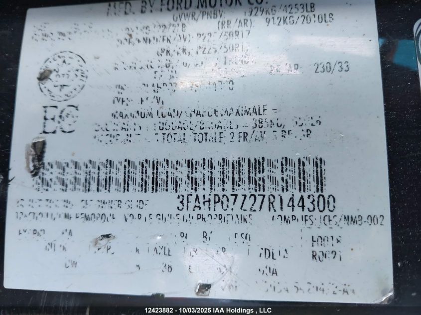 2007 Ford Fusion Se VIN: 3FAHP07Z27R144300 Lot: 12423882