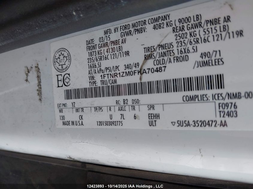 2015 Ford Transit-250 VIN: 1FTNR1ZM0FKA70487 Lot: 12423893