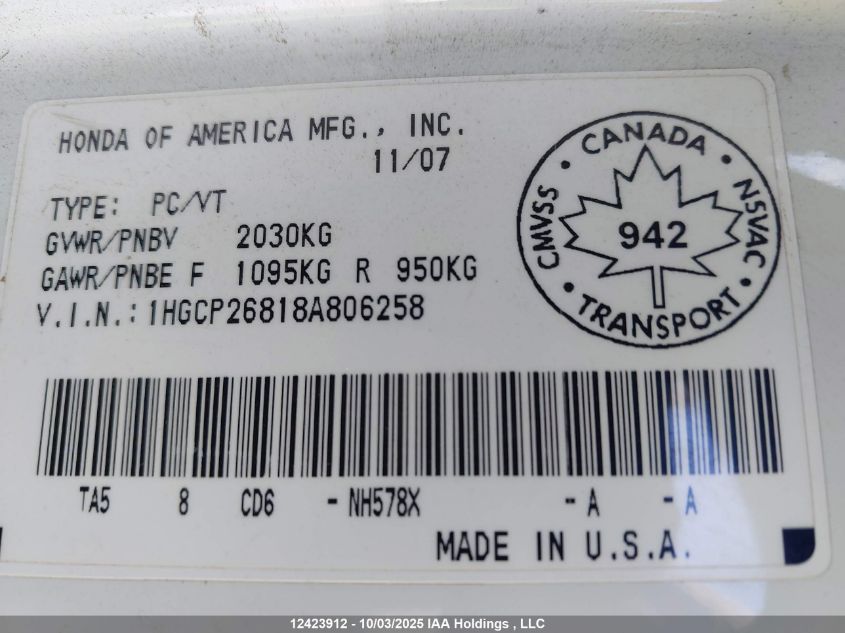 2008 Honda Accord Ex-L VIN: 1HGCP26818A806258 Lot: 12423912