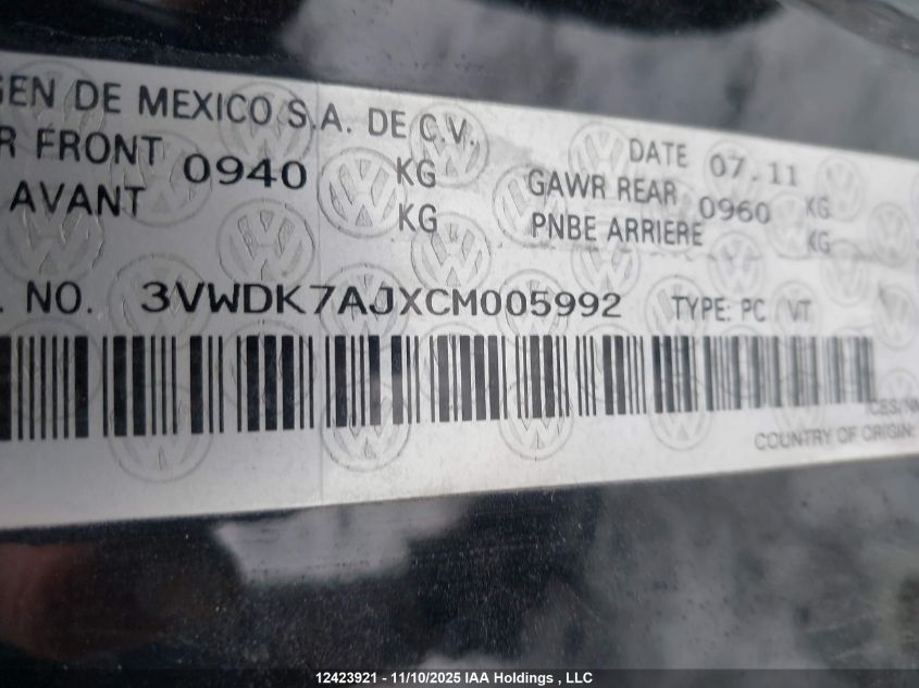 2012 Volkswagen Jetta VIN: 3VWDK7AJXCM005992 Lot: 12423921