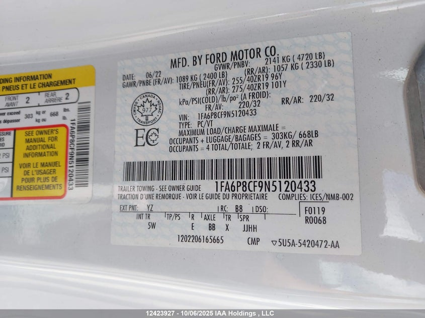 2022 Ford Mustang Gt Premium VIN: 1FA6P8CF9N5120433 Lot: 12423927