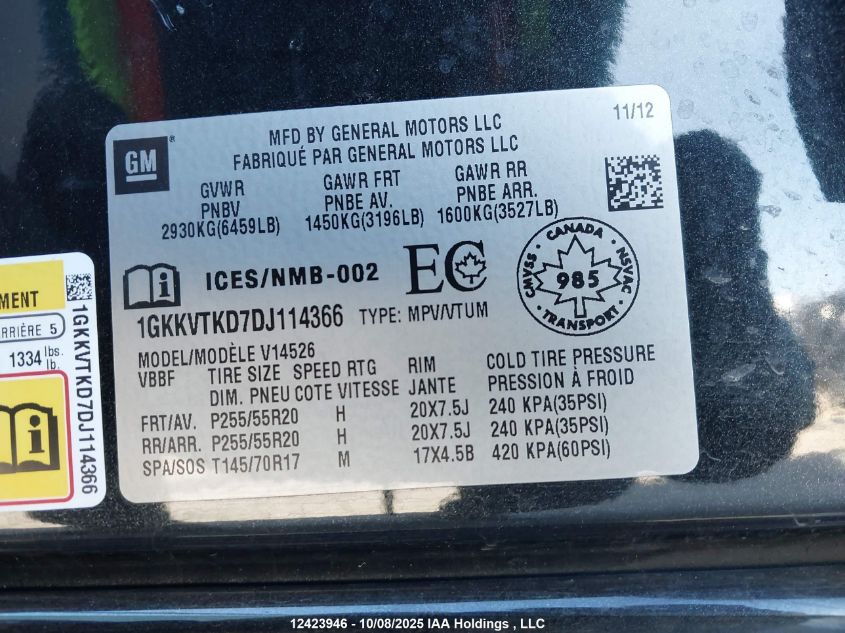 2013 GMC Acadia Denali VIN: 1GKKVTKD7DJ114366 Lot: 12423946