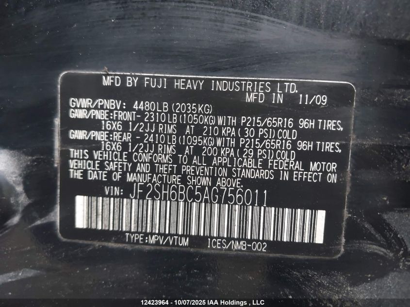 2010 Subaru Forester Xs VIN: JF2SH6BC5AG756011 Lot: 12423964