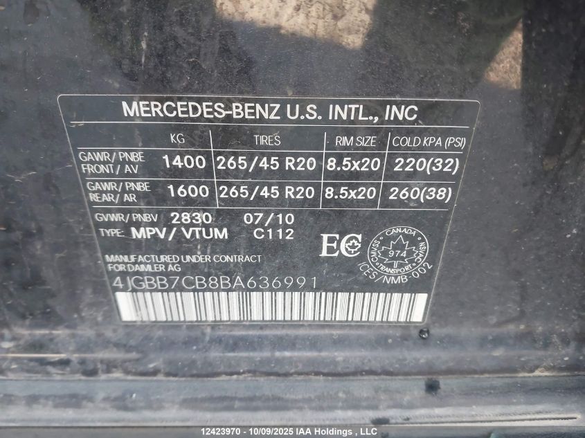 2011 Mercedes-Benz Ml 550 4Matic VIN: 4JGBB7CB8BA636991 Lot: 12423970