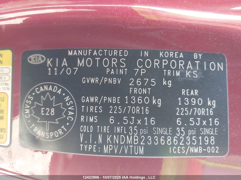 2008 Kia Sedona Ex VIN: KNDMB233686235198 Lot: 12423986