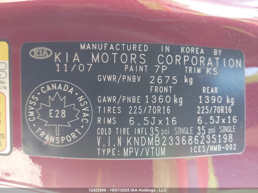 2008 Kia Sedona Ex VIN: KNDMB233686235198 Lot: 12423986