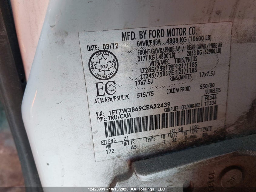 2012 Ford F-350 Xl VIN: 1FT7W3B69CEA22439 Lot: 12423991