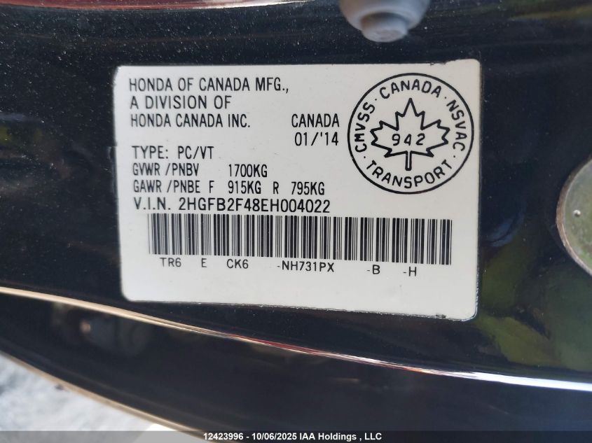 2014 Honda Civic VIN: 2HGFB2F48EH004022 Lot: 12423996