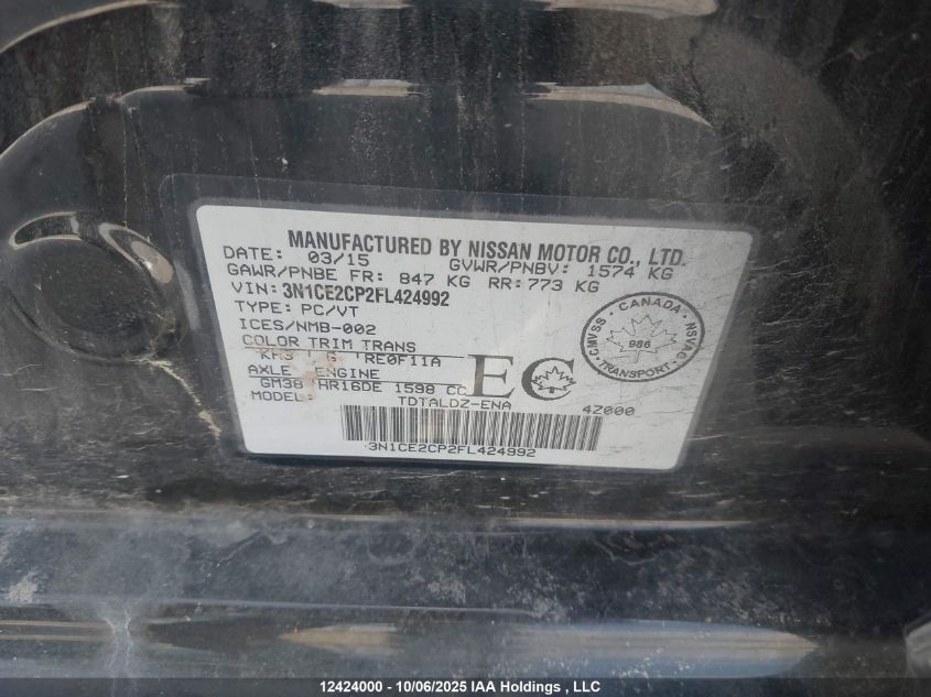 2015 Nissan Versa Note S/S Plus/Sv/Sl/Sr VIN: 3N1CE2CP2FL424992 Lot: 12424000