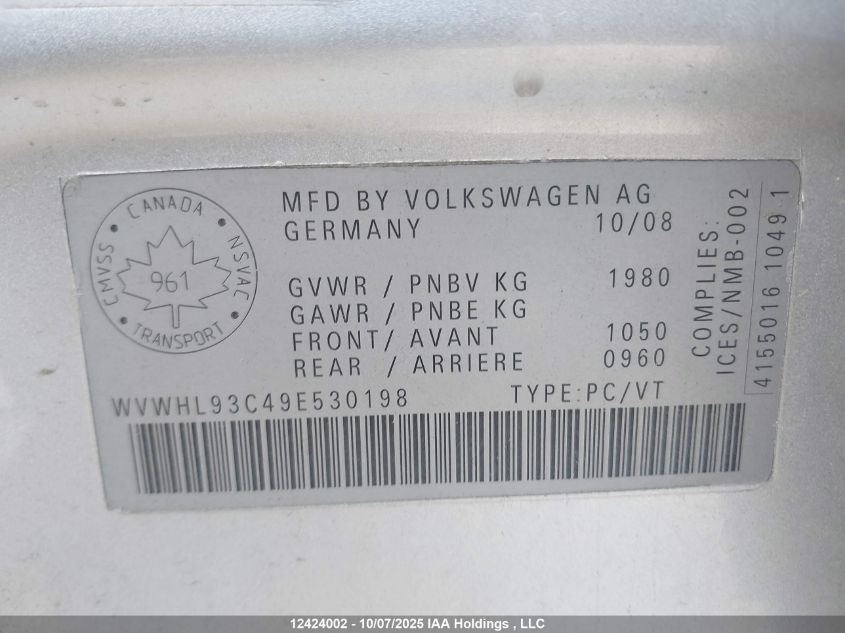 2009 Volkswagen Cc Luxury VIN: WVWHL93C49E530198 Lot: 12424002
