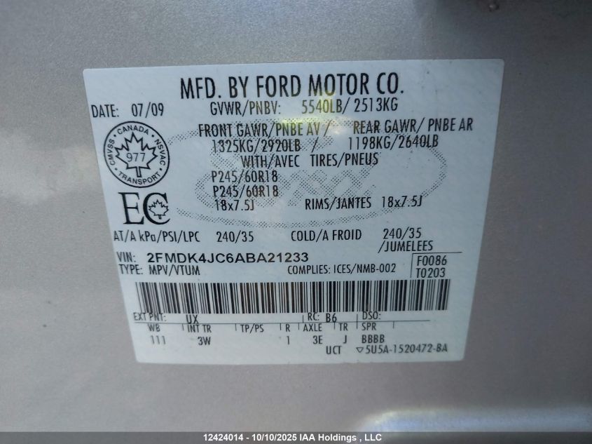 2010 Ford Edge Sel VIN: 2FMDK4JC6ABA21233 Lot: 12424014