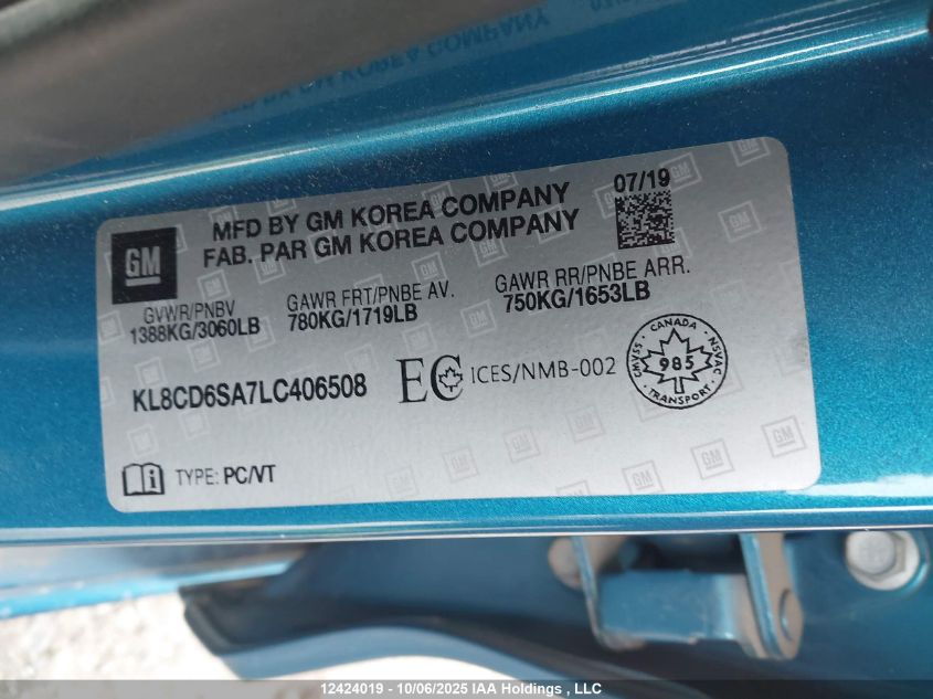 2020 Chevrolet Spark 1Lt VIN: KL8CD6SA7LC406508 Lot: 12424019