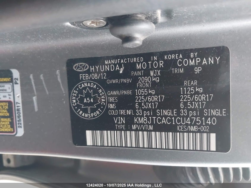 2012 Hyundai Tucson Gl VIN: KM8JTCAC1CU475140 Lot: 12424020