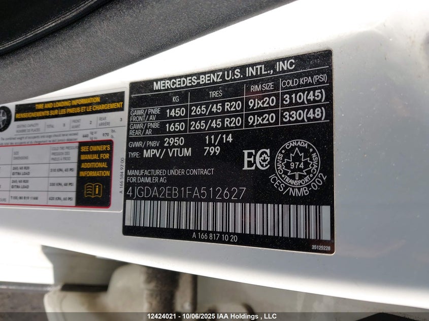 4JGDA2EB1FA512627 2015 MERCEDES-BENZ M-KLASSE photo no. 9