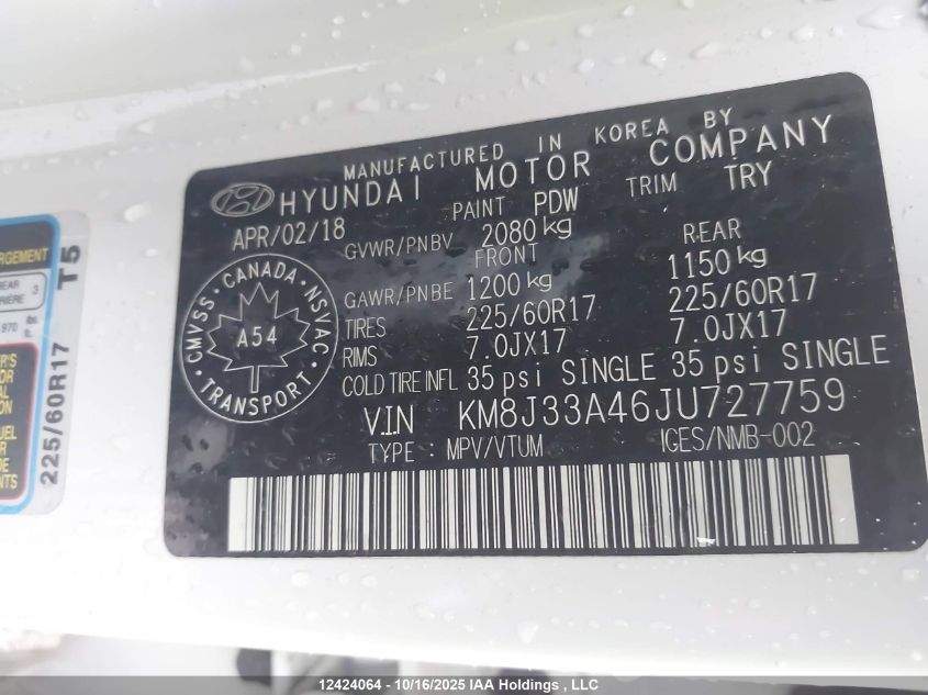 2018 Hyundai Tucson Premium 2.0L VIN: KM8J33A46JU727759 Lot: 12424064