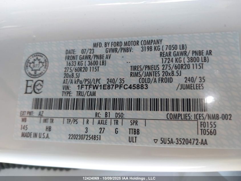 2023 Ford F-150 Lariat VIN: 1FTFW1E87PFC45883 Lot: 12424069