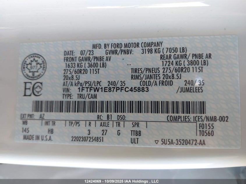 2023 Ford F-150 Lariat VIN: 1FTFW1E87PFC45883 Lot: 12424069