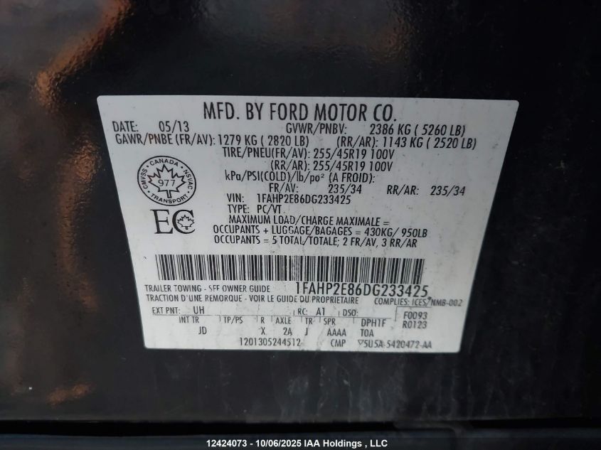 2013 Ford Taurus Sel VIN: 1FAHP2E86DG233425 Lot: 12424073