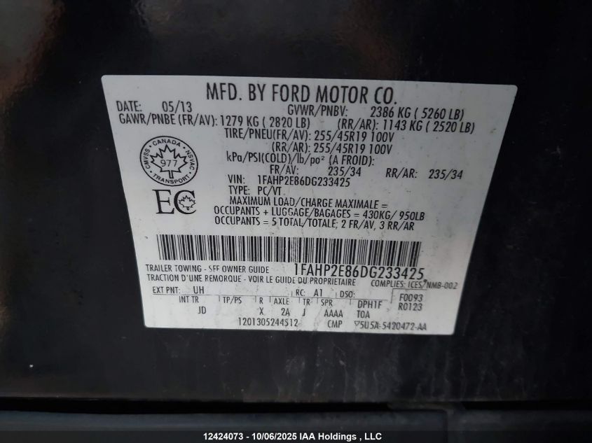 2013 Ford Taurus Sel VIN: 1FAHP2E86DG233425 Lot: 12424073