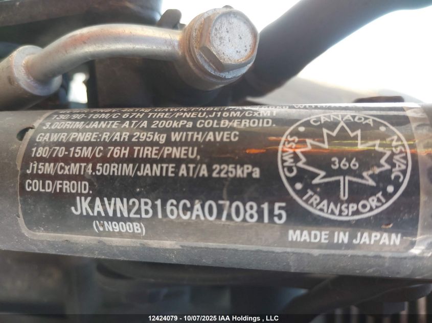 2012 Kawasaki Vn900 B VIN: JKAVN2B16CA070815 Lot: 12424079