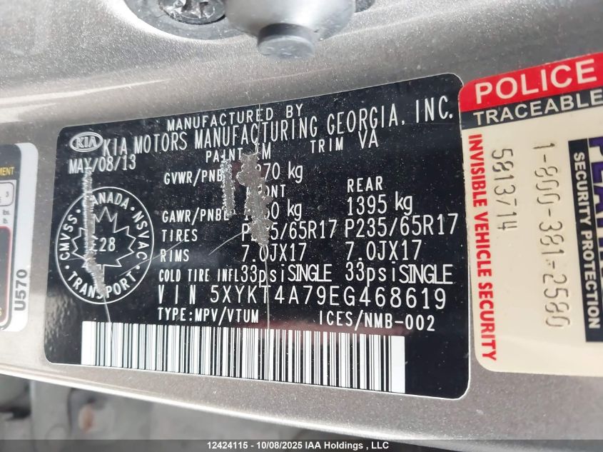 2014 Kia Sorento Lx V6 VIN: 5XYKT4A79EG468619 Lot: 12424115