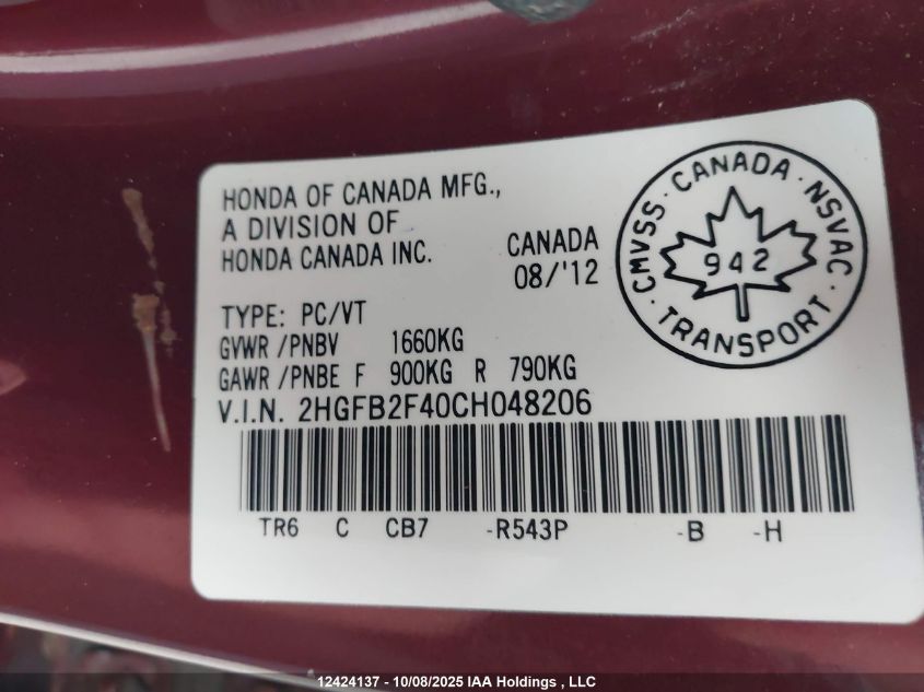2012 Honda Civic Lx VIN: 2HGFB2F40CH048206 Lot: 12424137